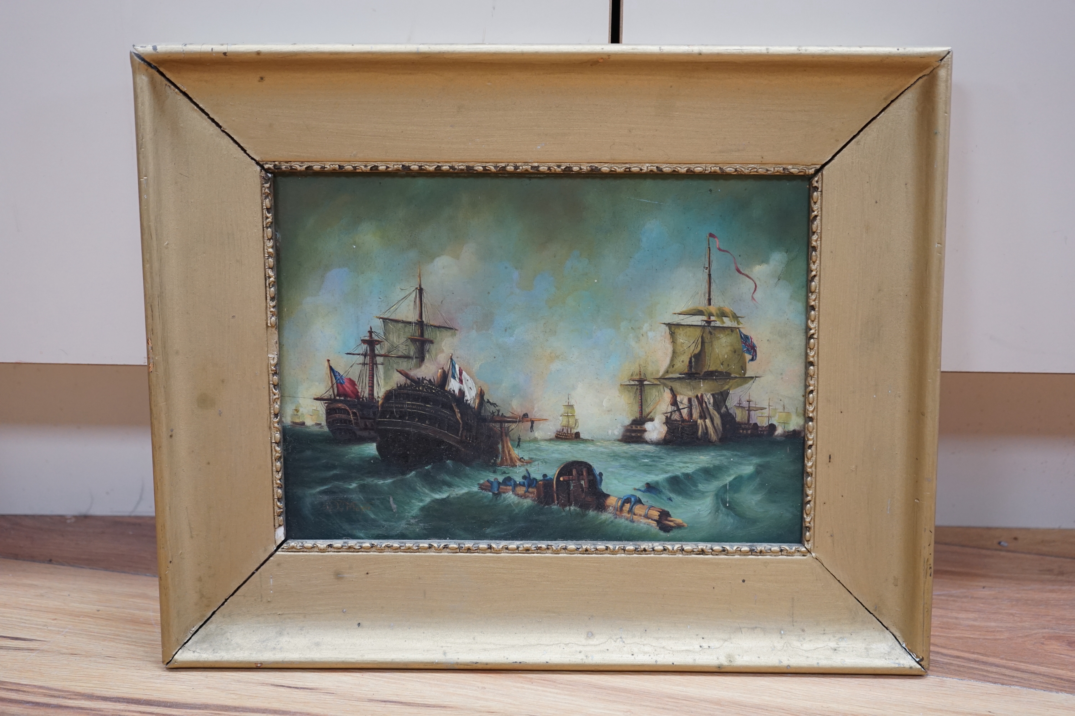 De Mayer (Contemporary, Dutch), oil on board, Naval ships at sea, signed, 20 x 19cm